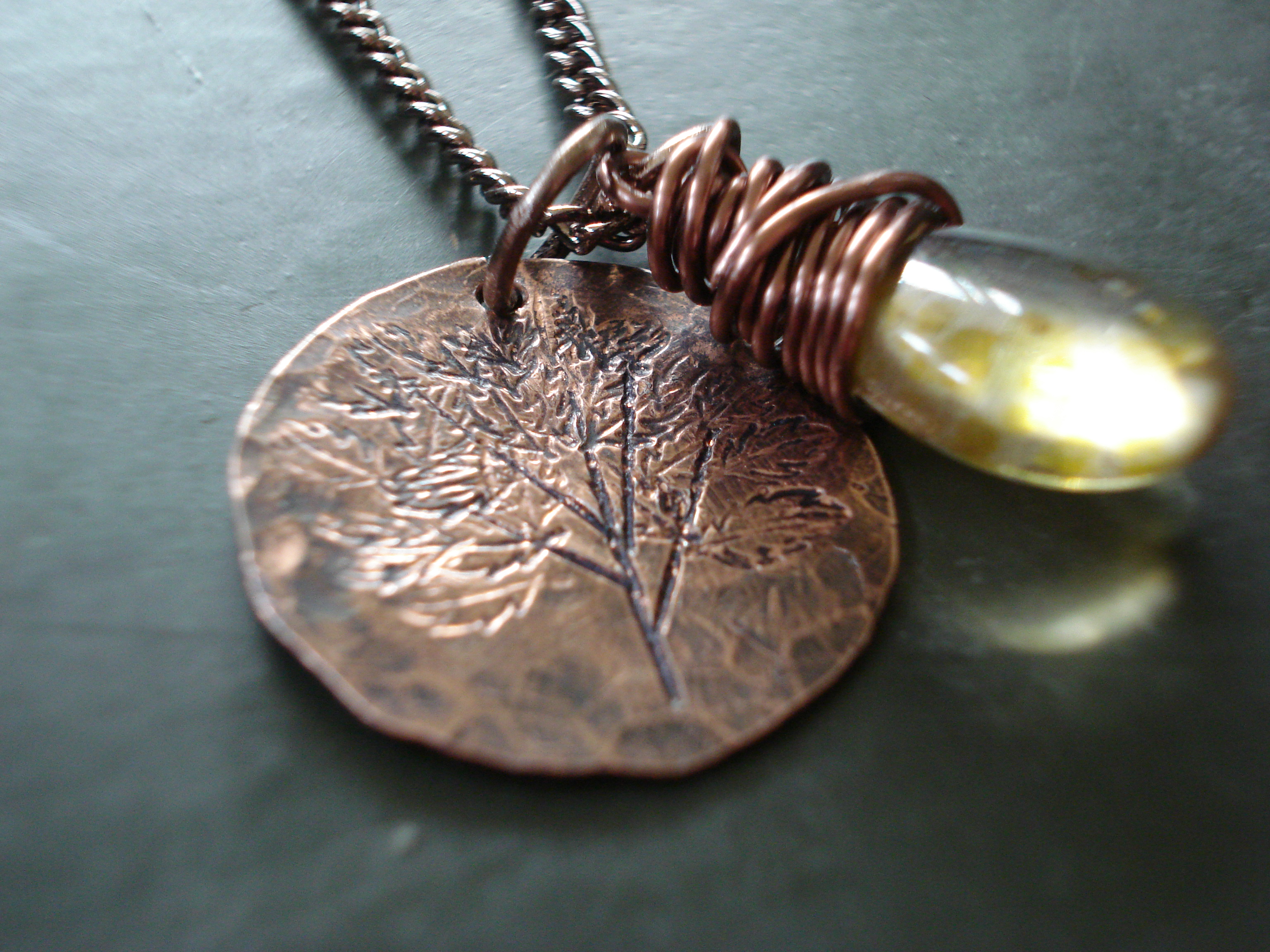 Nature Inspired Copper Penny Tree Necklace With Green Czech Glass Wire